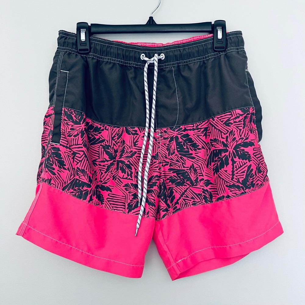 Mens Colorblock Tropical Palm Swim Trunks Neon Pink Charcoal Board Shorts M